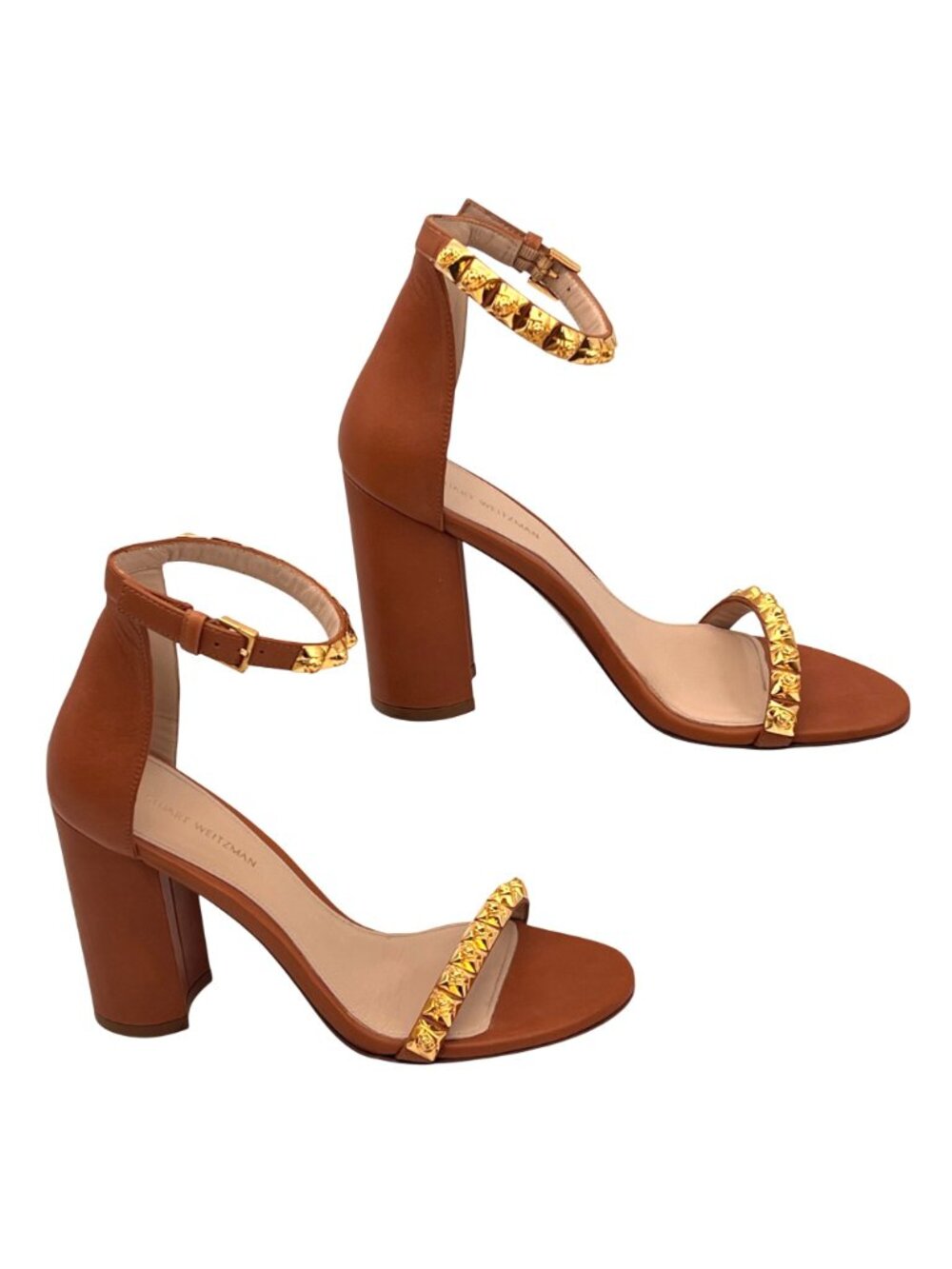 Stuart Weitzman Rosemarie Cognac Gold Stud Block Heels Ankle Strap 7.5B Spain - Picture 2 of 16